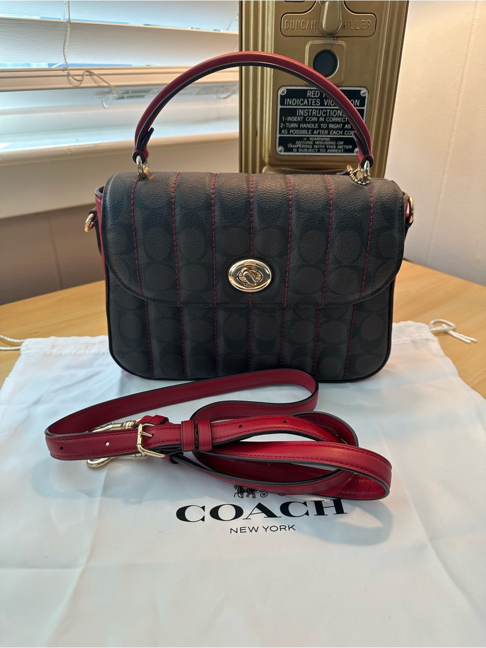 Coach Signature Satchel with Red Trim and Strap